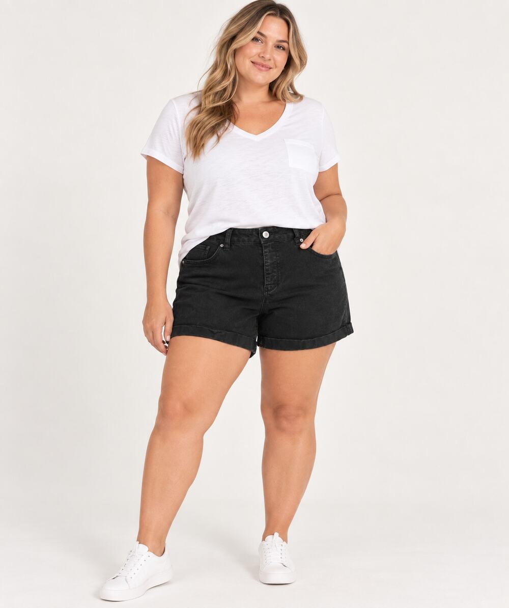 NEW Time and Tru L 12-14 Black Jean Shorts 4' Cuffed Denim Midi Mini Stretch Y2K